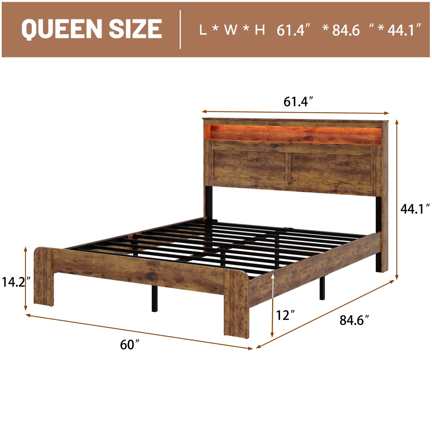 Queen/King Size Bed Frame Wood Platform Bed w/ LED Light Headboard & USB Ports