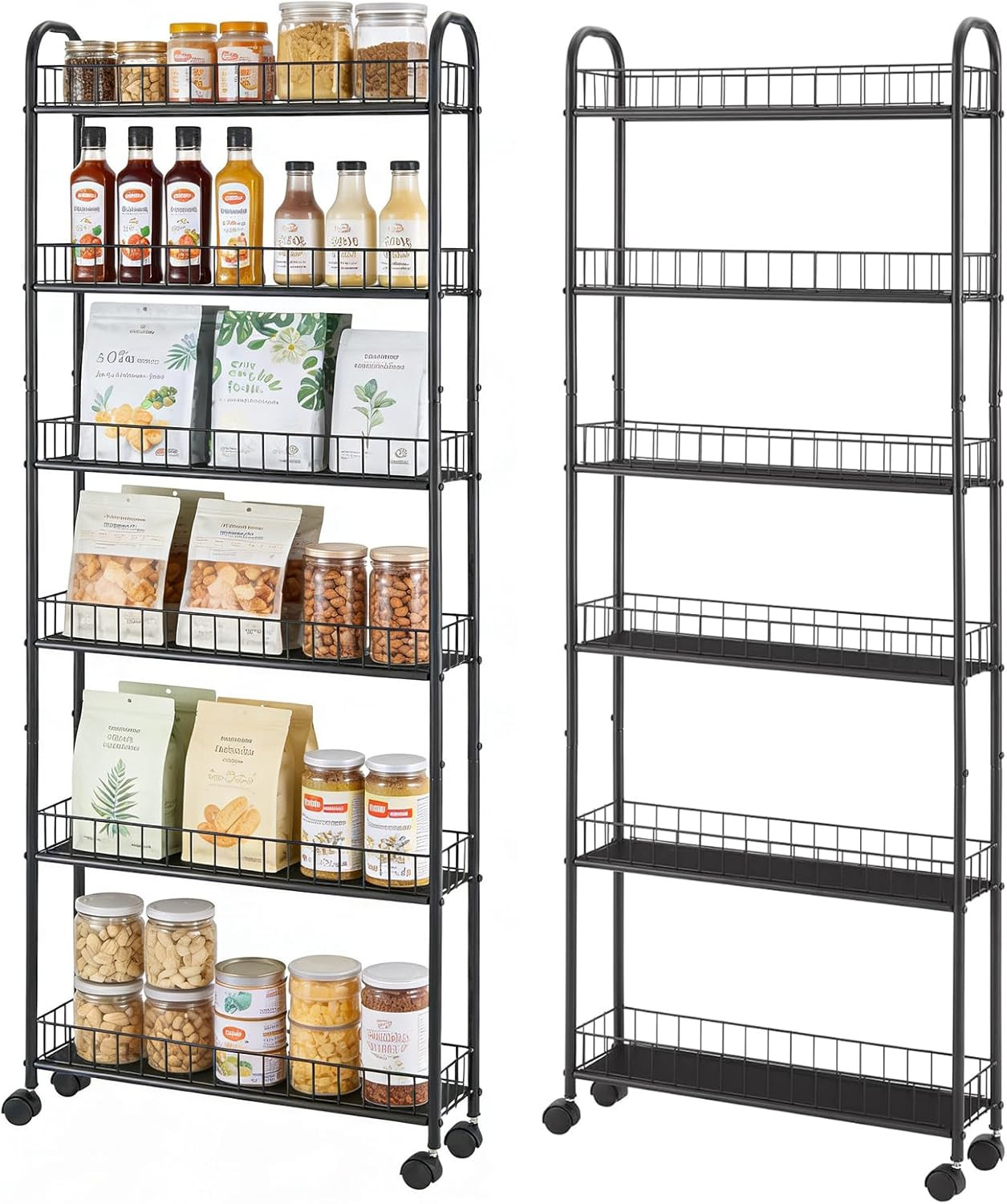 Slim Storage Cart with Wheels, 6-Tier 6In Black Narrow Rolling Shelf,Sturdy Slim