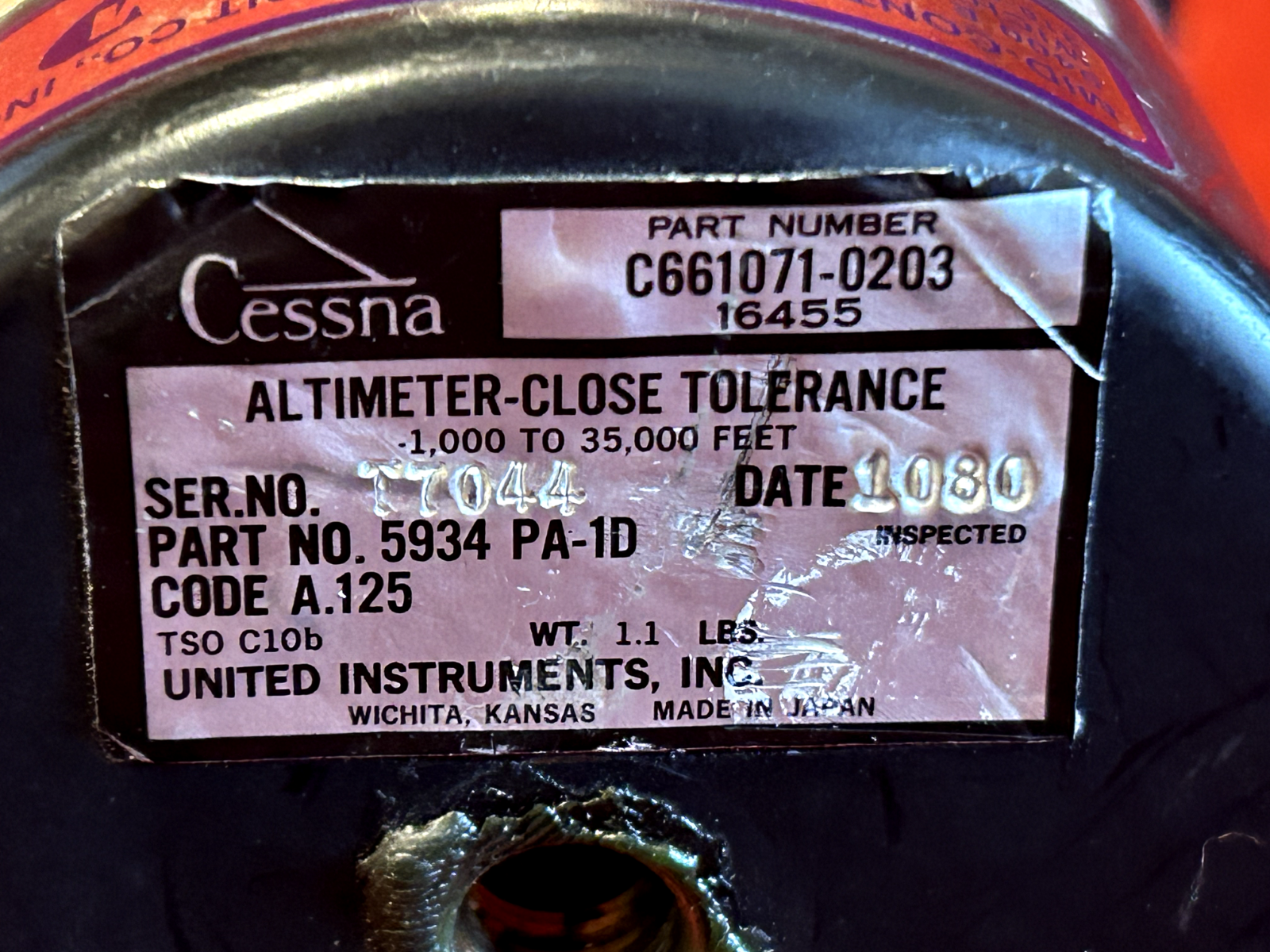 UNITED INSTRUMENTS ALTIMETER P/N 5934PA-10