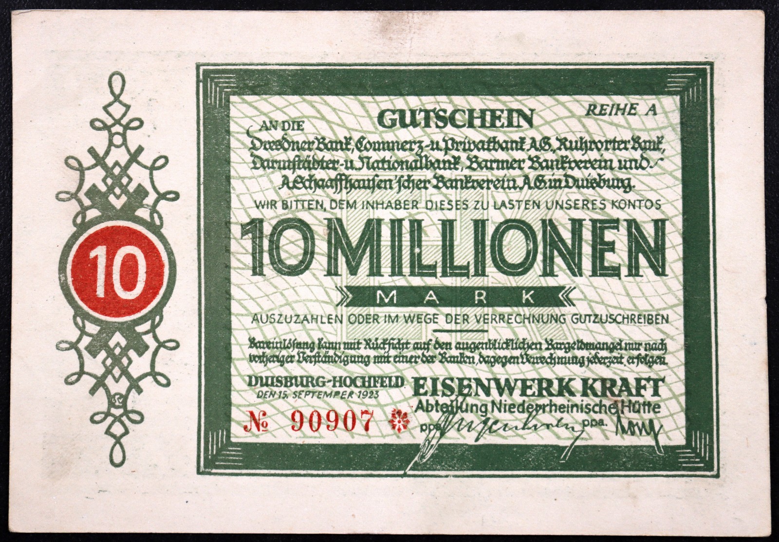 DUISBURG-HOCHFELD 1923 "Eisenwerk Kraft" 10 Million Mark Inflation Notgeld