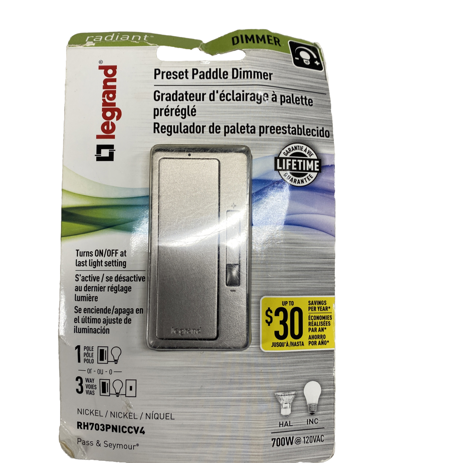 PASS & SEYMOUR RH703PNICCV4 700W Nickel Single Pole, 3 Way Dimmer switch