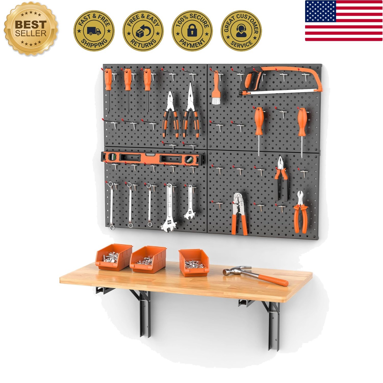 Folding Workbench with Pegboard, Wall Mount Work Table | Heavy Duty Garage Wo...