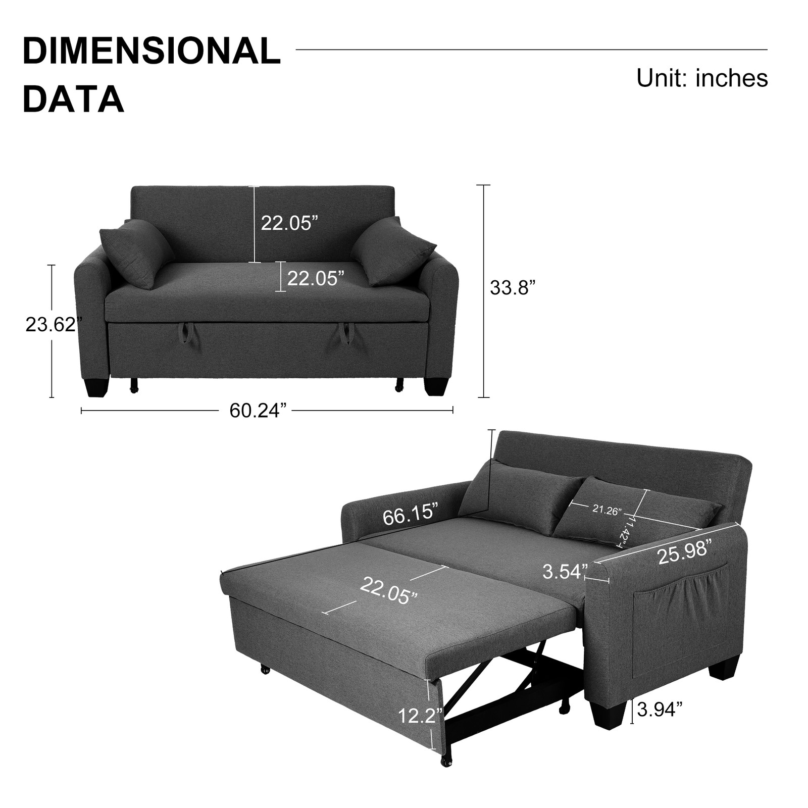 60.24'' Convertible Sleeper Sofa Bed Burlap Loveseat Sofa Couch w/ Pull Out Bed
