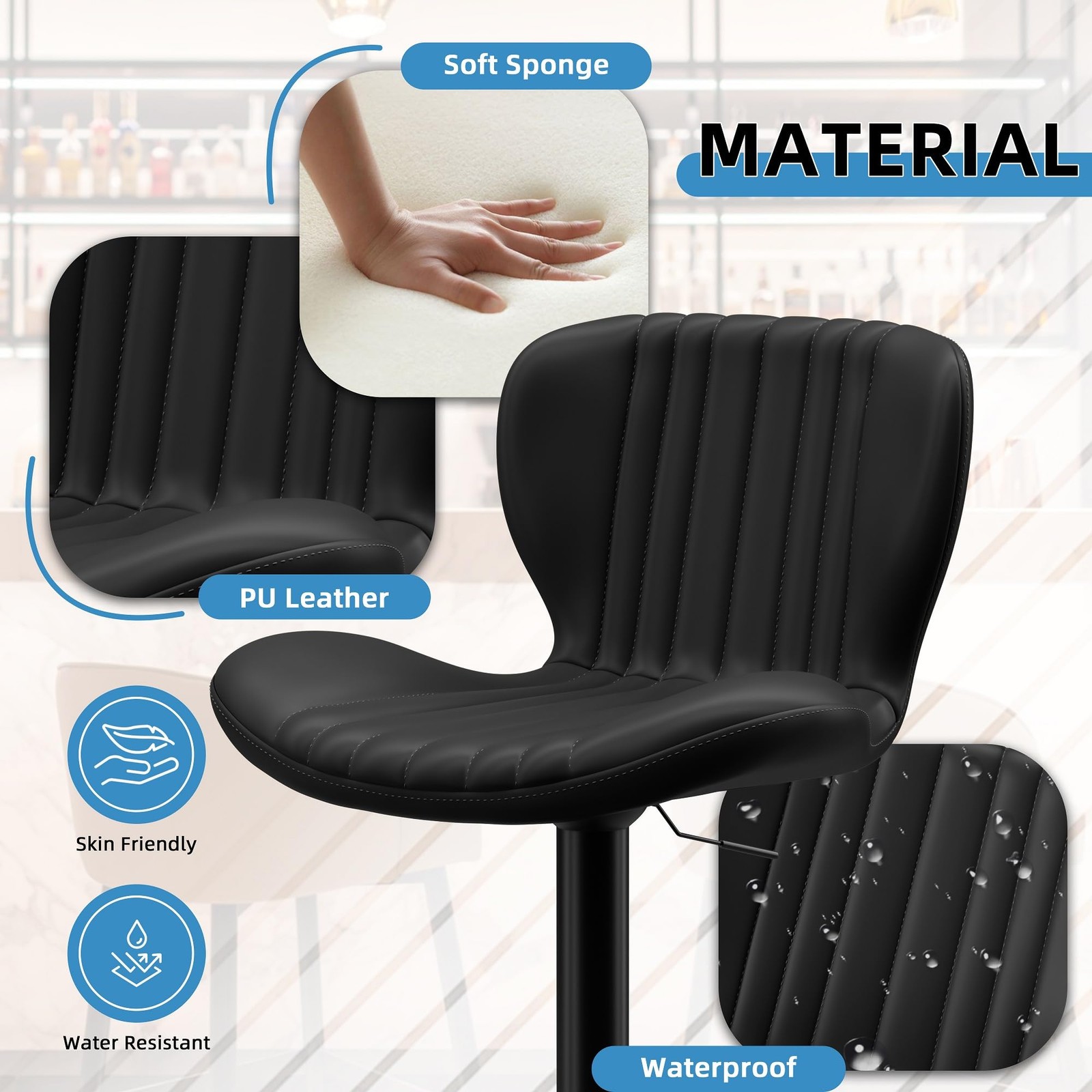Bar Stools Set of 2 Modern Swivel Bar Chairs, Counter Height Faux Leather Met...