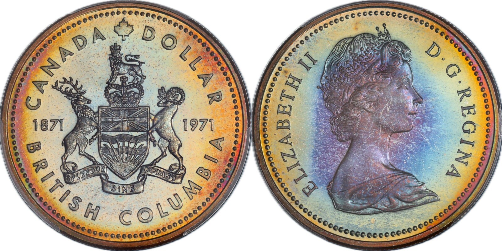 C236 1971 Canada British Columbia Specimen Silver Dollar PCGS SP67. Nicely toned