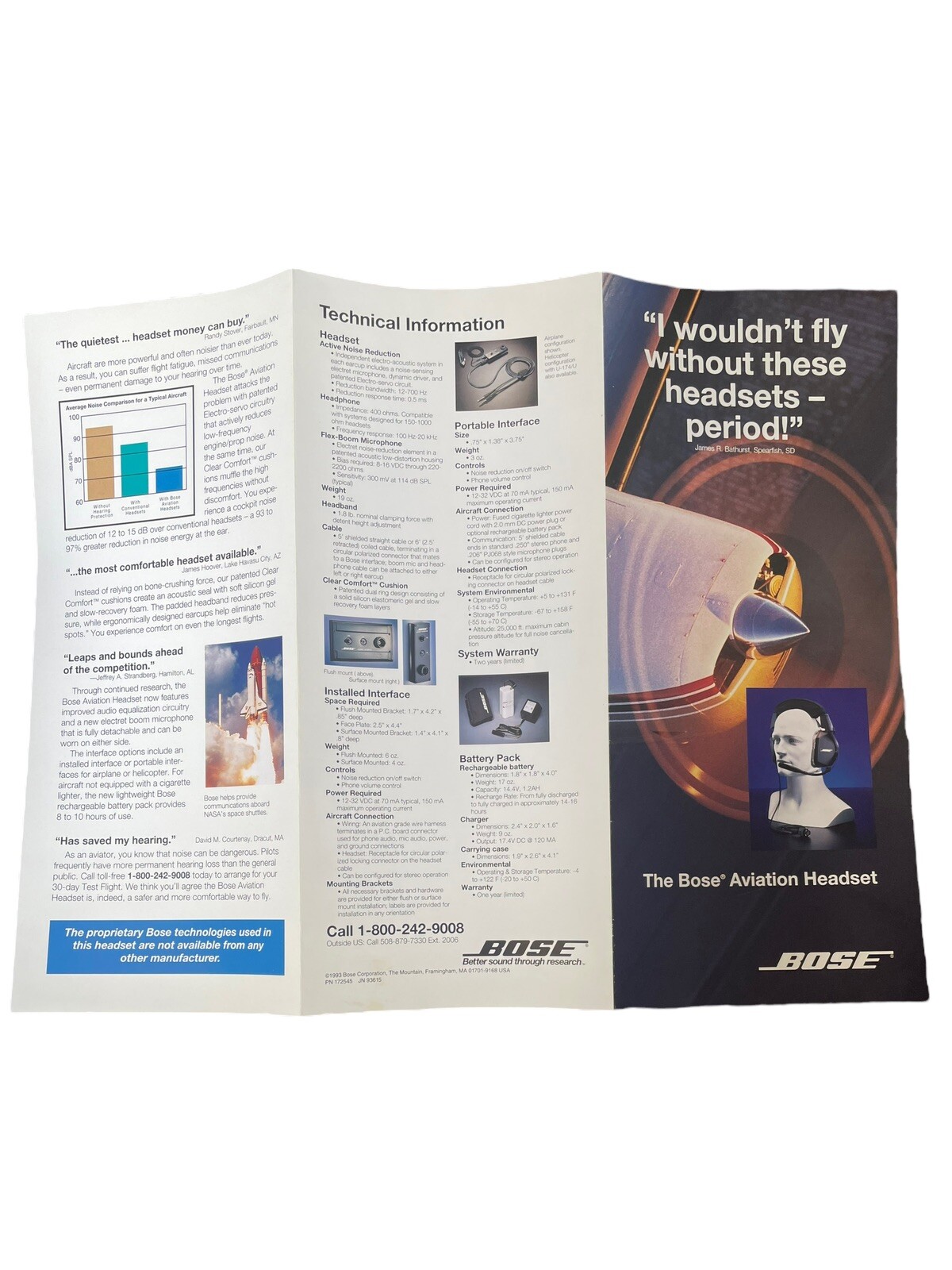Vintage 1993 BOSE Aviation Headset Brochure Paperwork Specifications Paper Ad