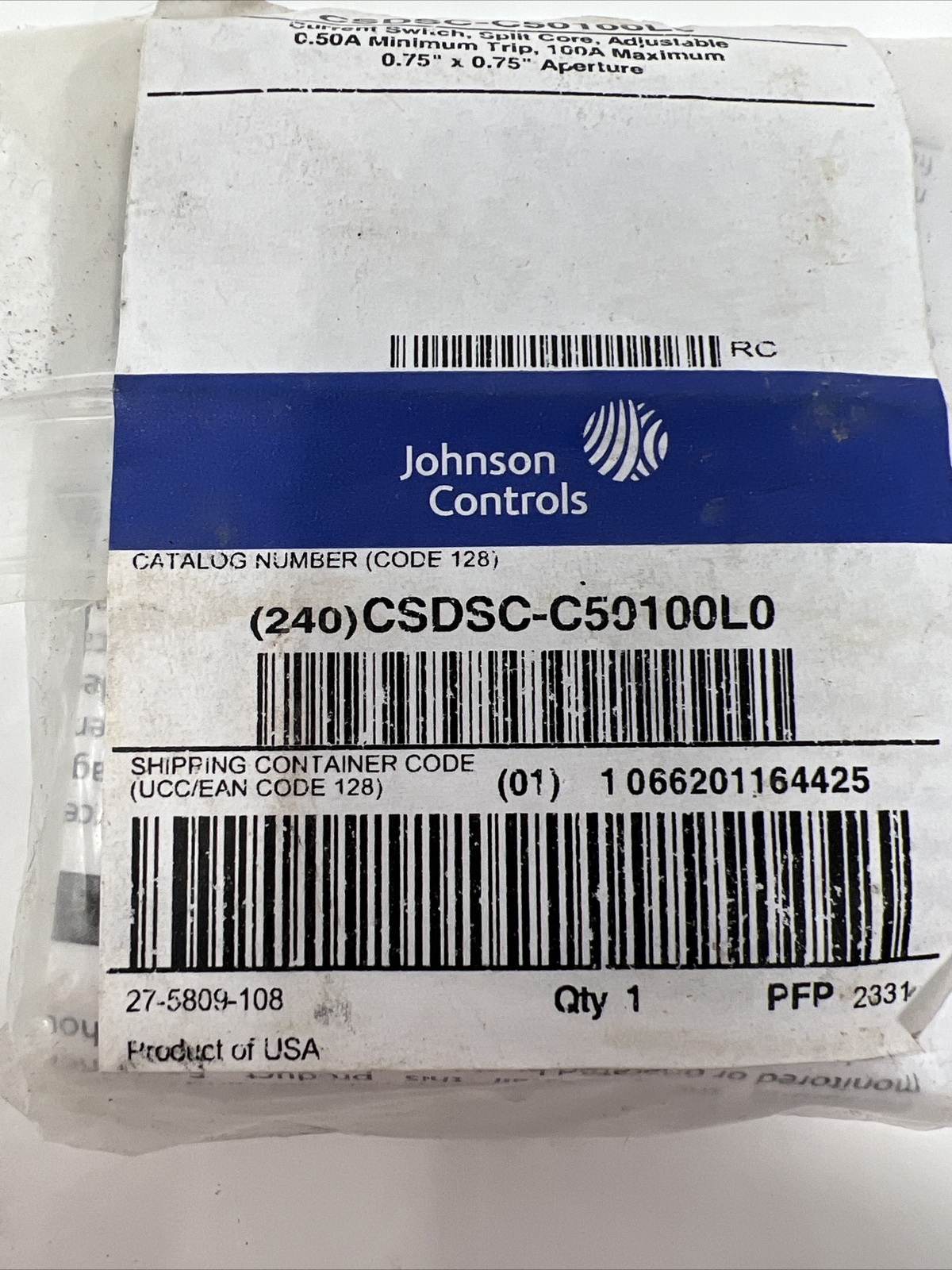 Johnson Controls CSDSC-C50100L0 Current Sensing Relay; 0.50-10A; Self Powered