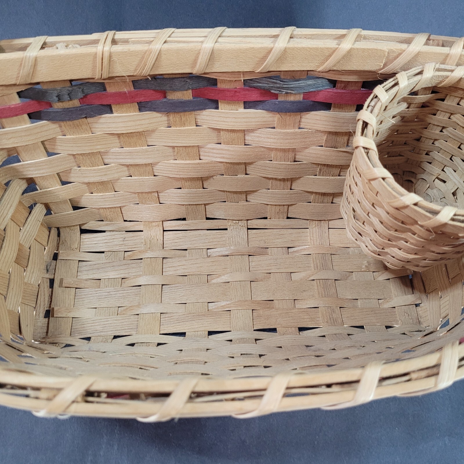 Woven Hanging Basket with Cup Holder Flat Back One Handle Red and blue