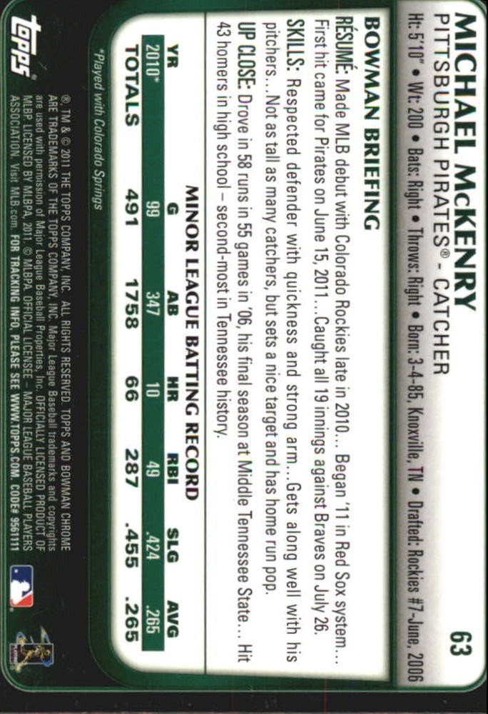 2011 Bowman Chrome Draft #63 Michael McKenry RC - BB