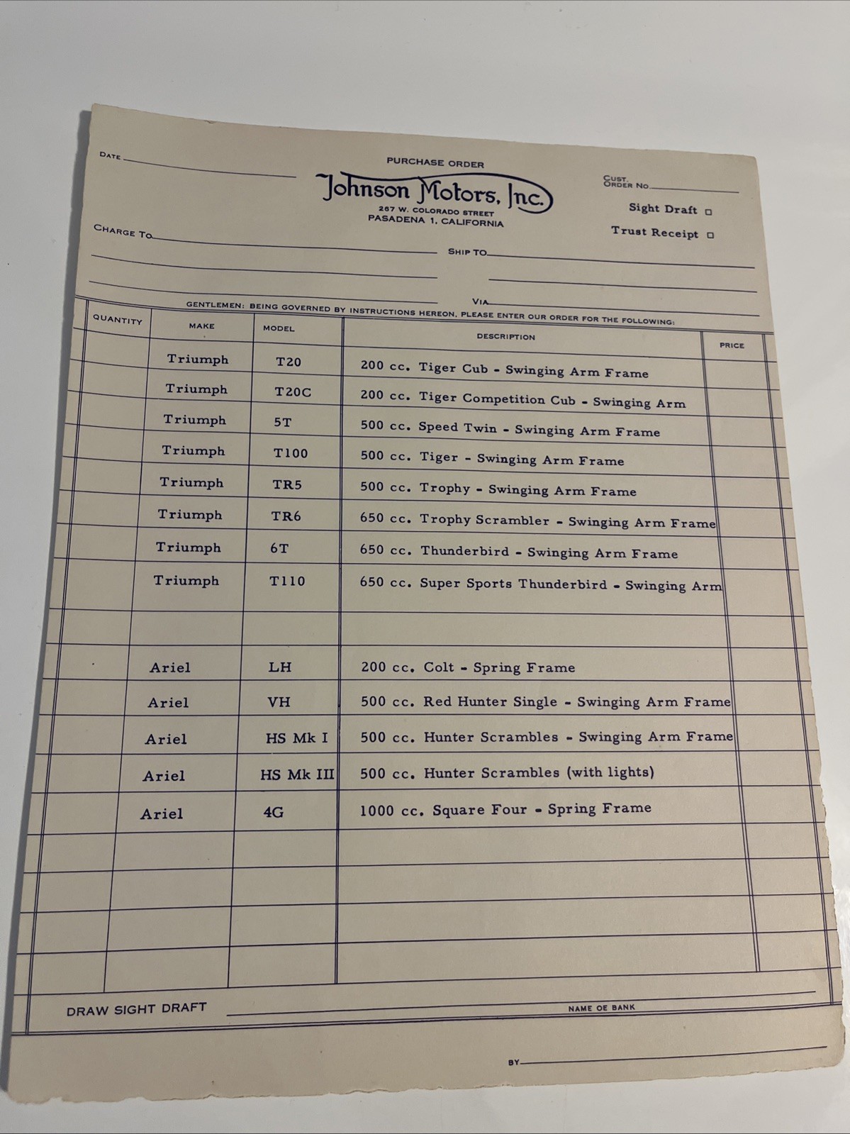 Johnson Motors Purchase Order Pasadena California Triumph & Ariel Motorcycle