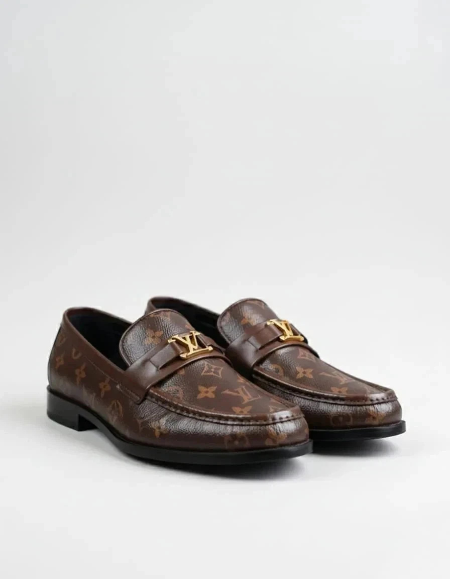 Men’s Handmade Brown Leather Slip-On Loafers, Monogram Classic Shoes