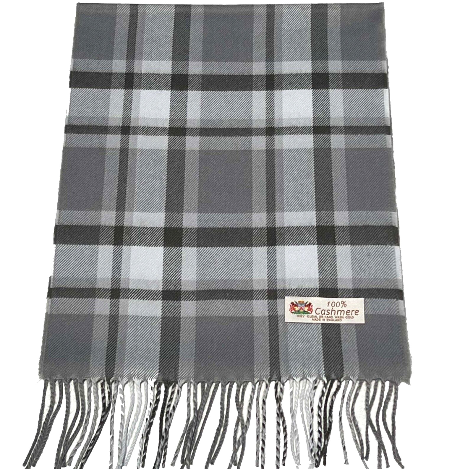 Men Winter Warm 100% CASHMERE SCARF Wrap Plaid Gray /Silver Made in England #W10