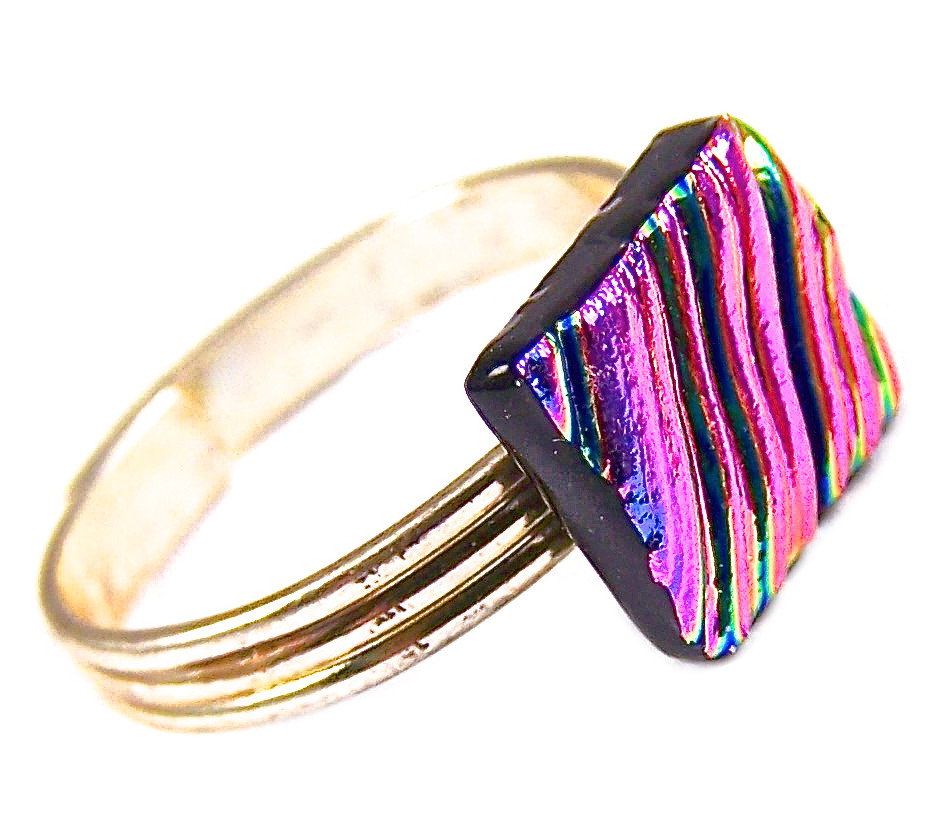Dichroic Glass Ring Adjustable Pink Purple Magenta Ripple Wavy Texture Tiny 1/4"