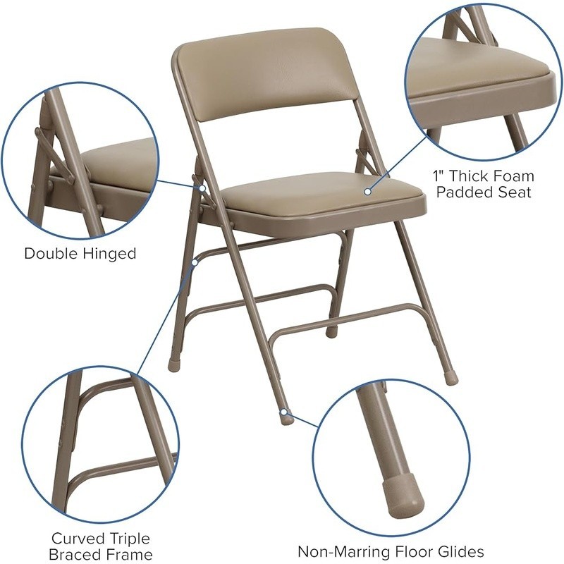 2 Pack Folding Chairs Portable Padded Seat Metal Frame Heavy Duty Comfort Beige