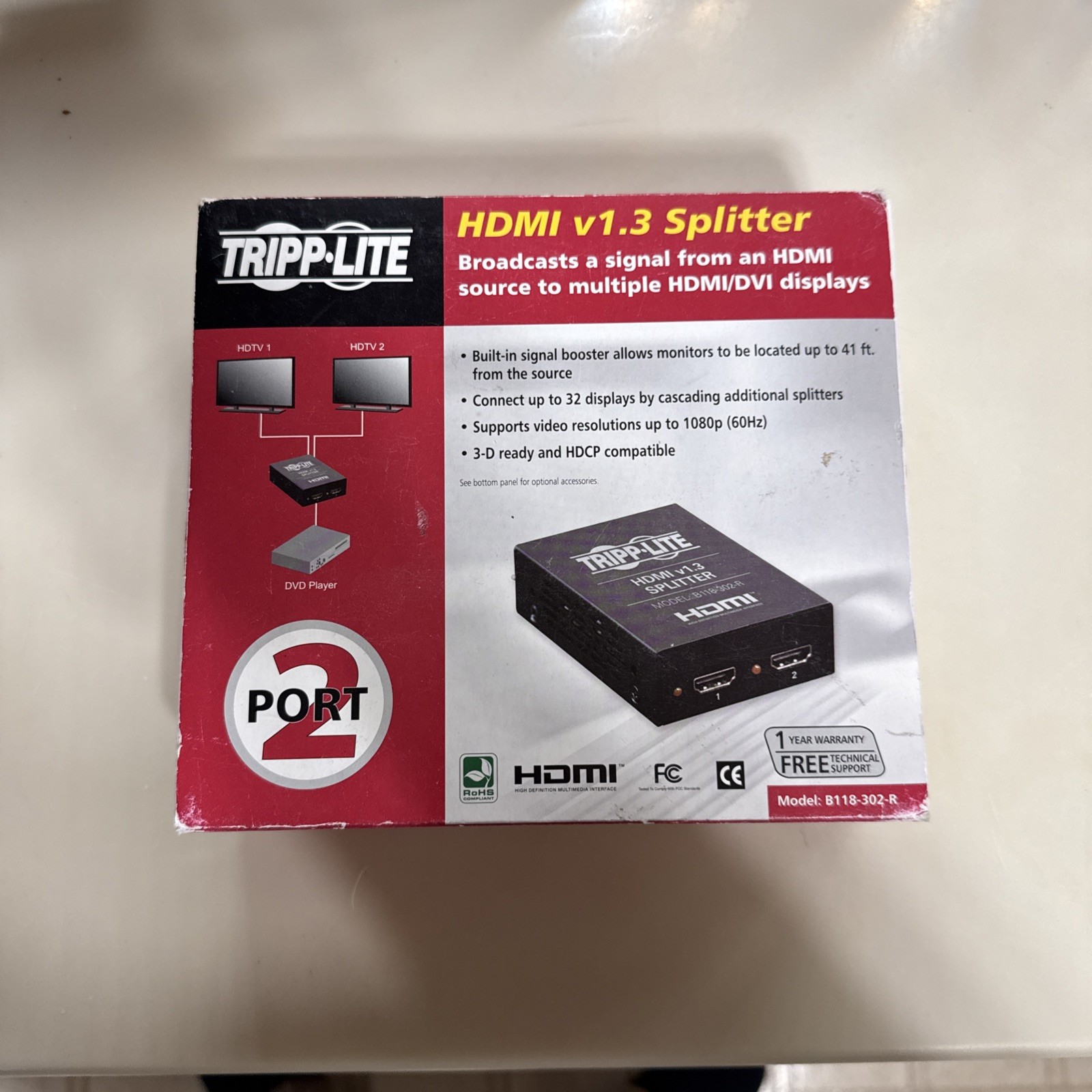 Tripp Lite B118-302-R HDMI Signal Booster HDMI v1.3 Splitter to two 2 HDMI ports