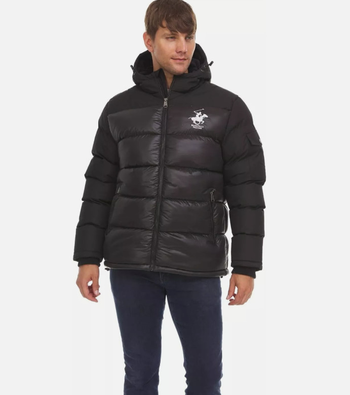 Beverly Hills Polo Club Puffer Jacket Men’s Black Full Zip Hooded Winter NWT