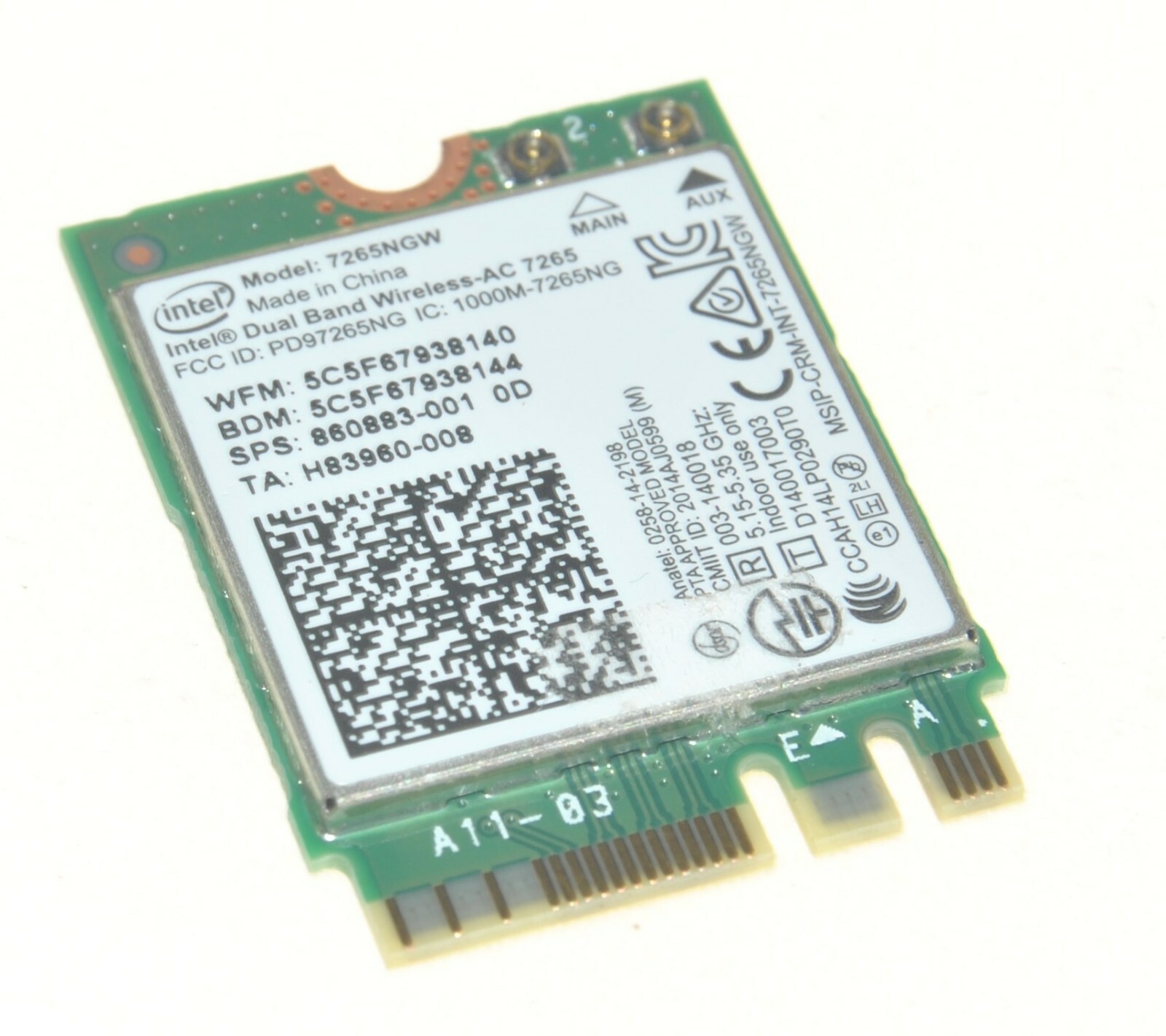 860883-001 901229-855 AC 7265NV INTEL DUAL BAND WIRELESS 2x2 WiFi+ BLUETOOTH 4.0