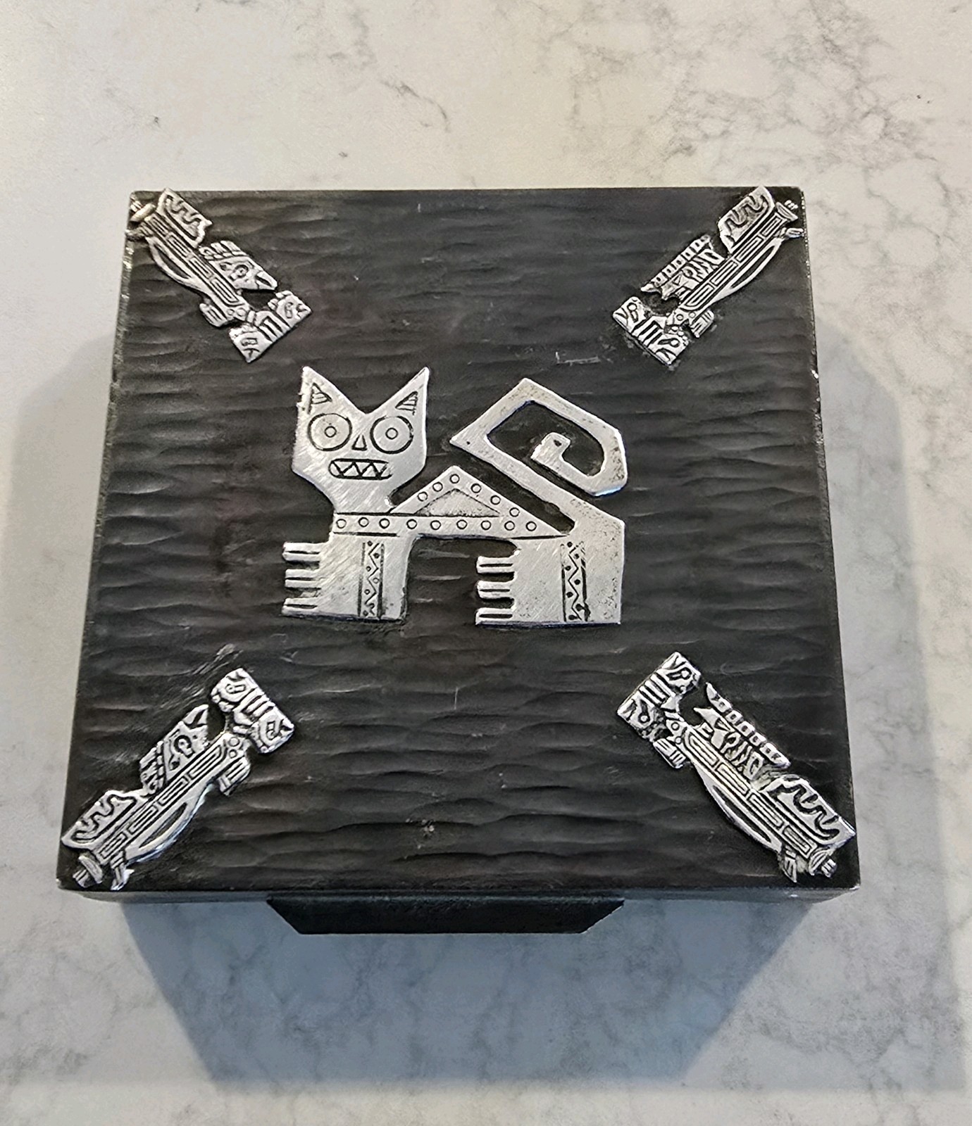 Graziella Laffi MCM Sterling Motifs Cat Bird Hammered Cigarrete Box 4" x 4"