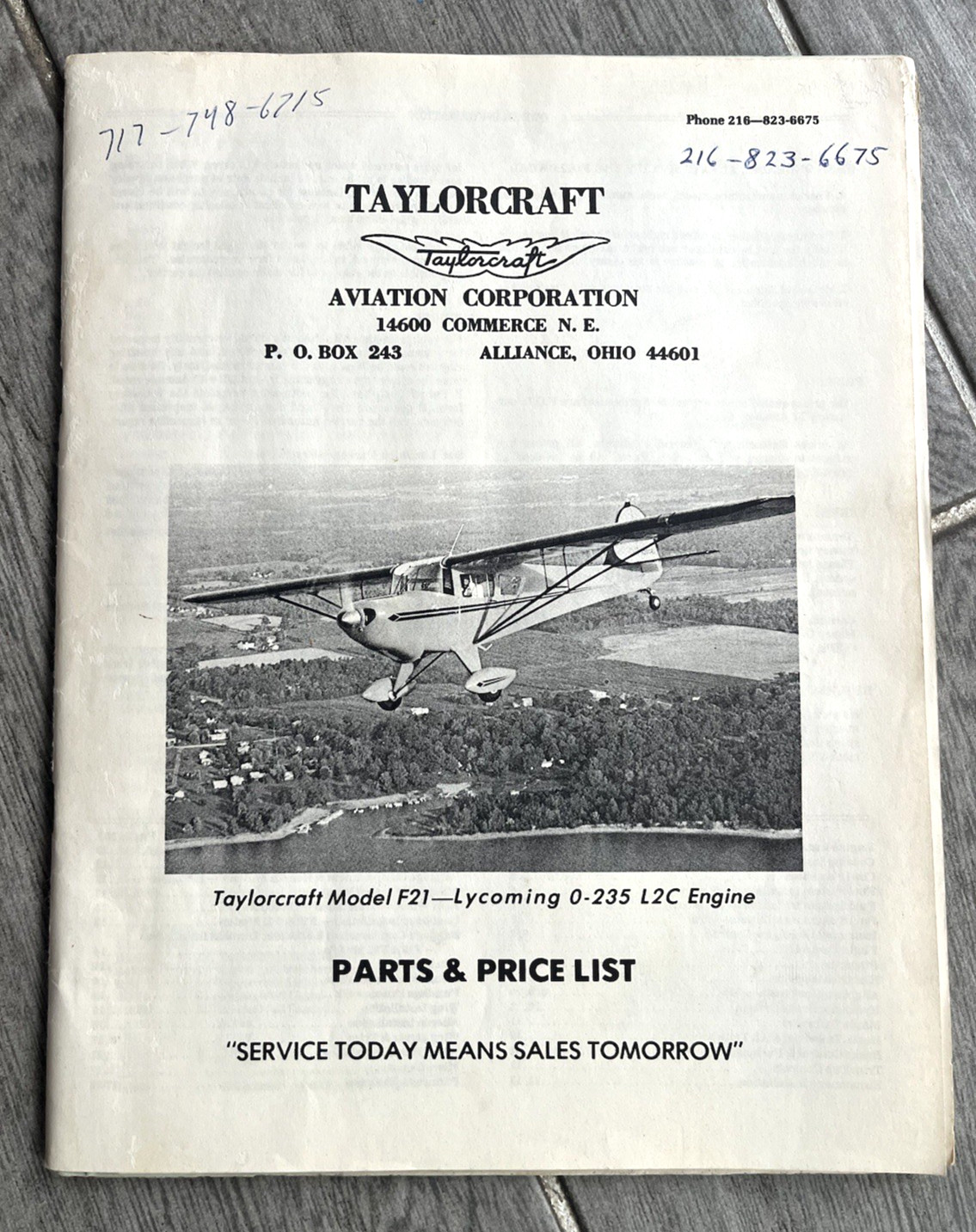 Taylorcraft Model F21-Lycoming 0-235 L2C Engine Parts Price List Manual  Vintage