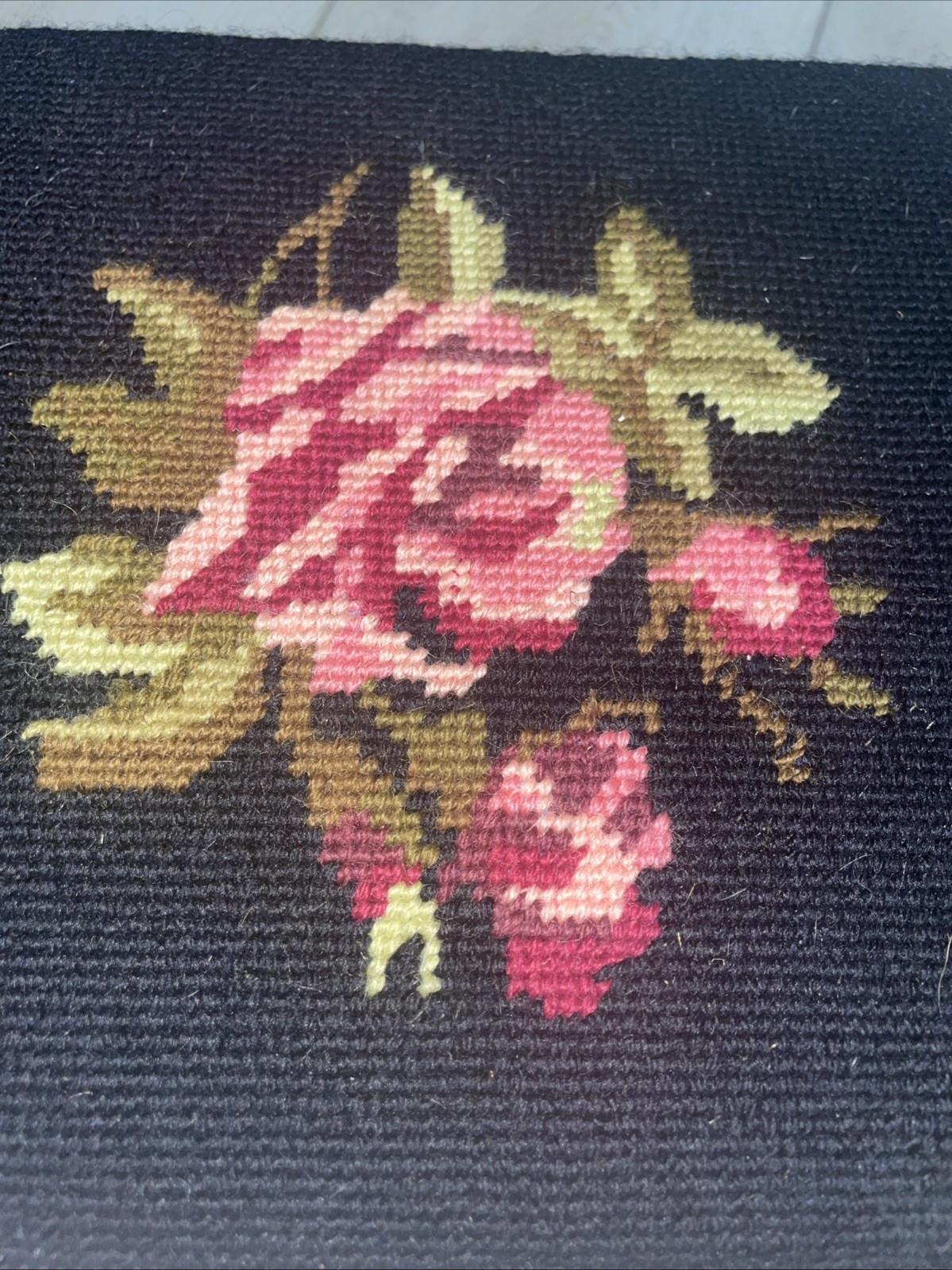 Antique/Vintage Wooden Needlepoint Foot Stool Dark Wood Roses Pinks Greens