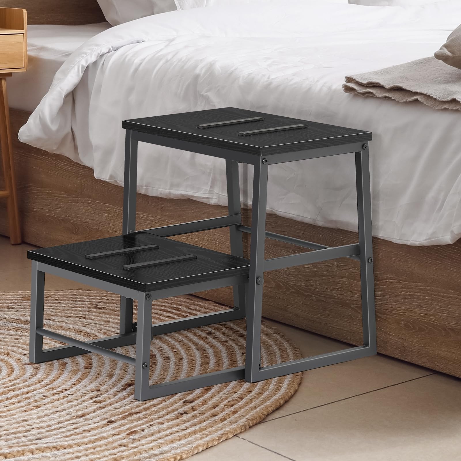 2 Step Stools Adults Kids Heavy Duty 2-in-1 Adjustable Retractable Wooden Blk