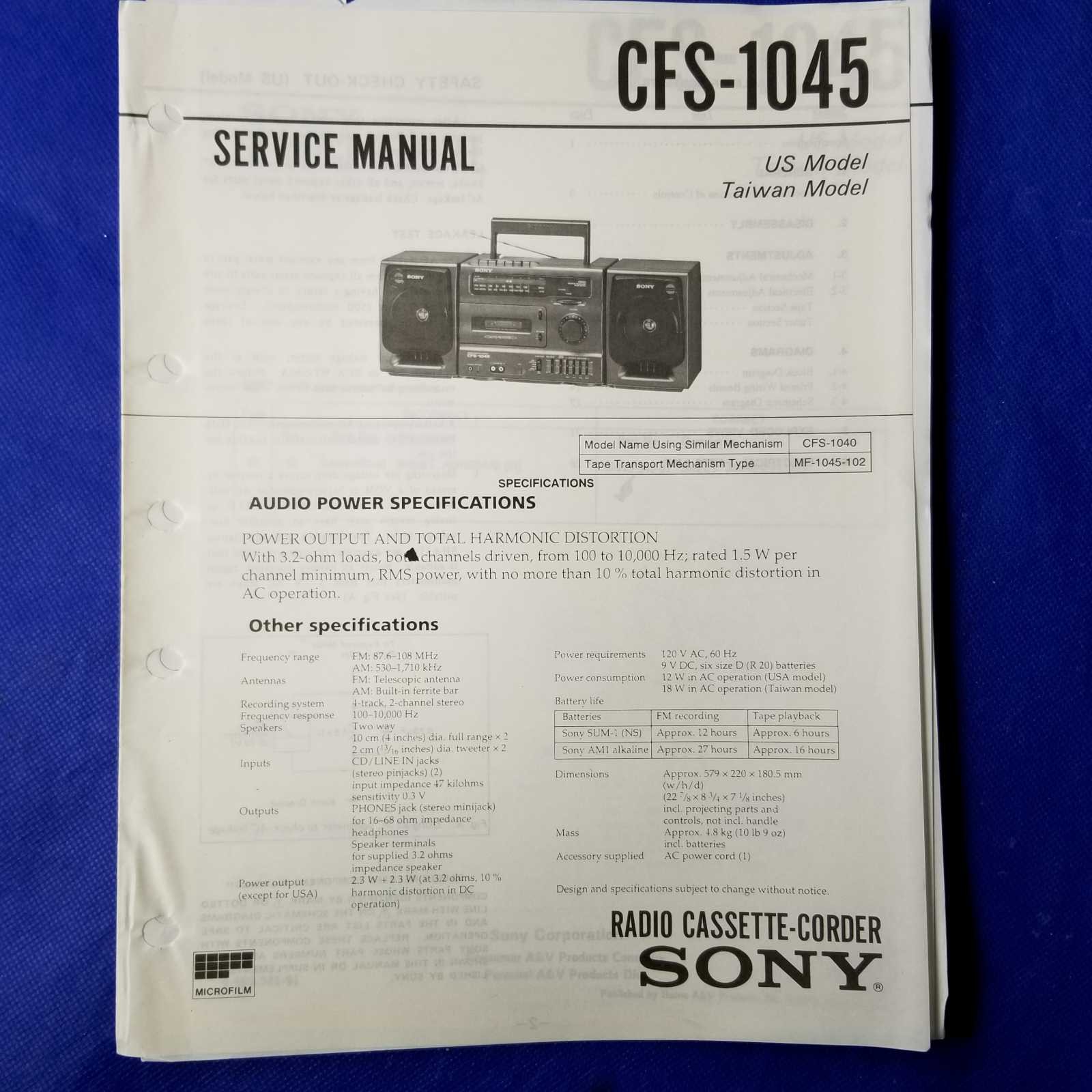 SONY CFS-1045 Service Manual Original Paper OEM Repair Guide - USA