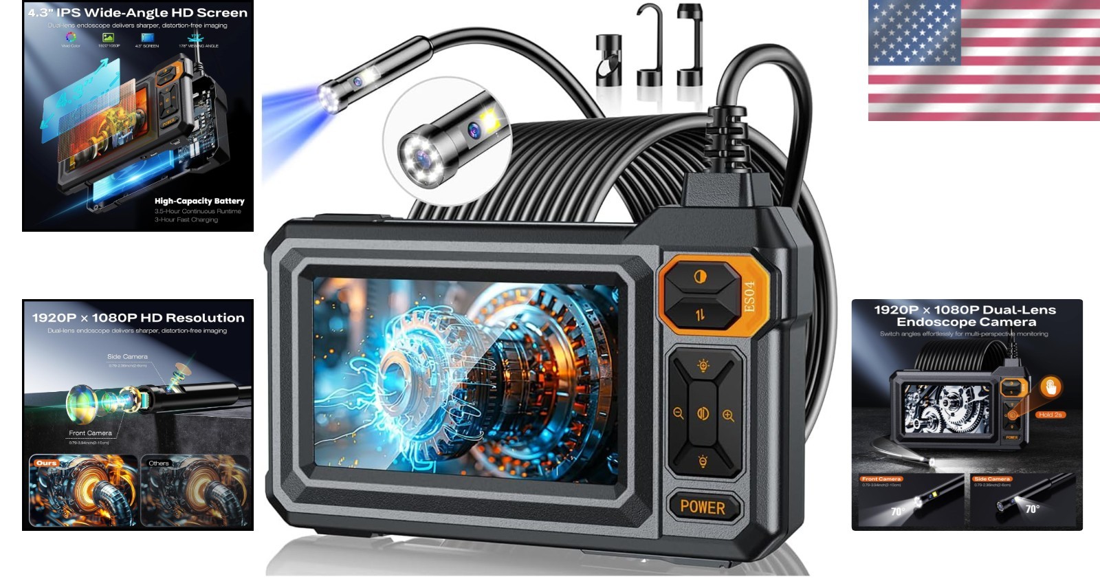 Dual Lens Borescope Camera, 4.3" HD IPS Screen