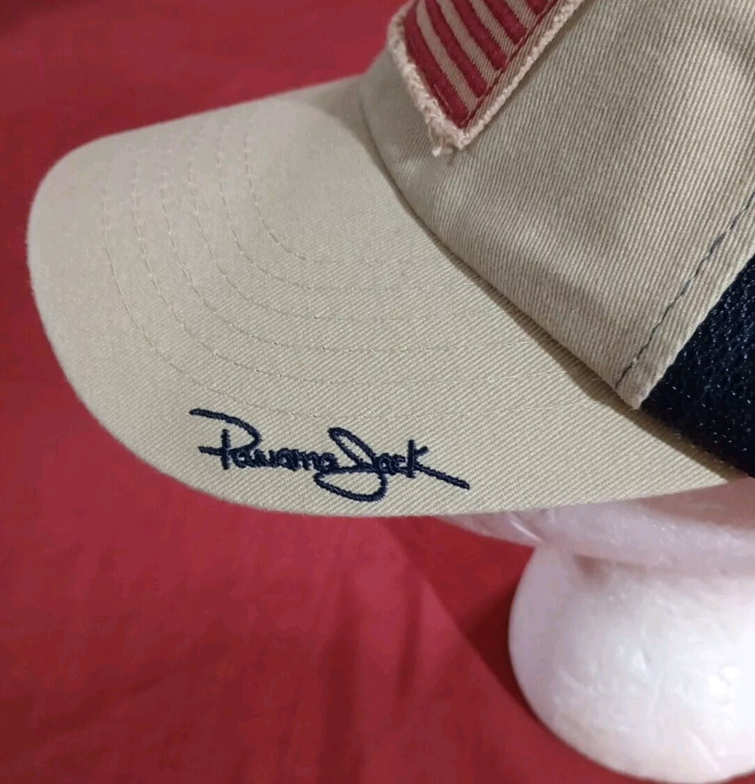 Vintage Panama Jack Rare USA American distressed Patch Flag Strap Hat Tan