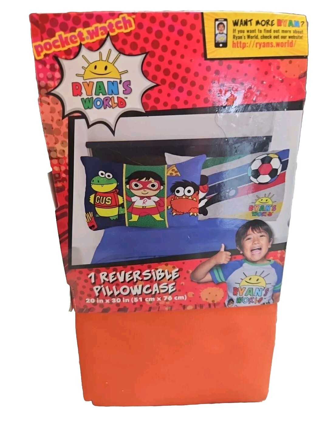 Ryan's World Kids Pillowcase Reversible 20 x 30  Red -Titan Gus -Moe Brand New!