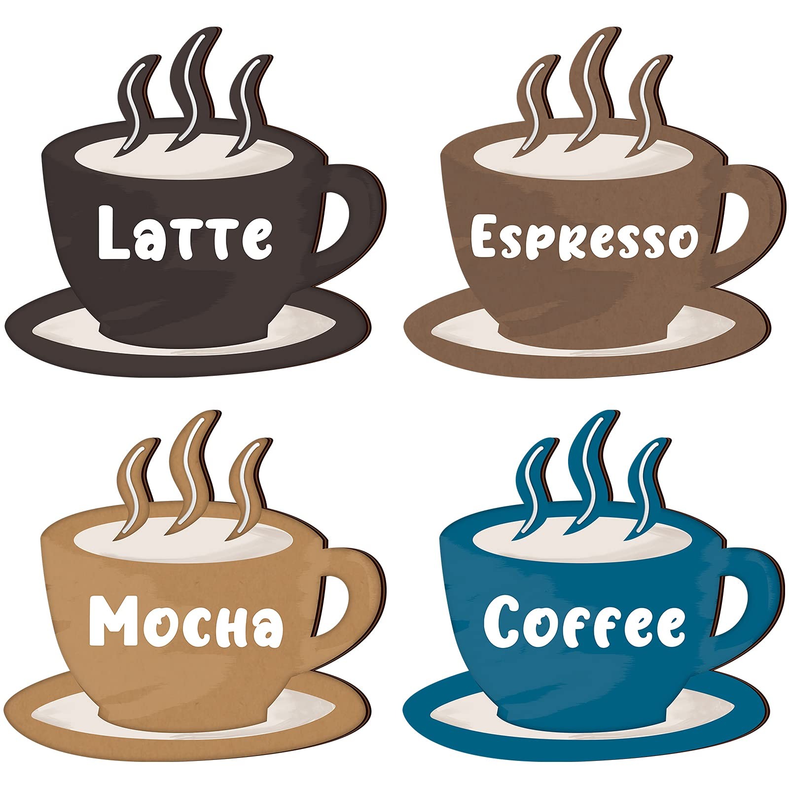 4 Pieces Coffee Wooden Wall Art Decor Wooden Coffee Cup Signs Espresso, Latte...