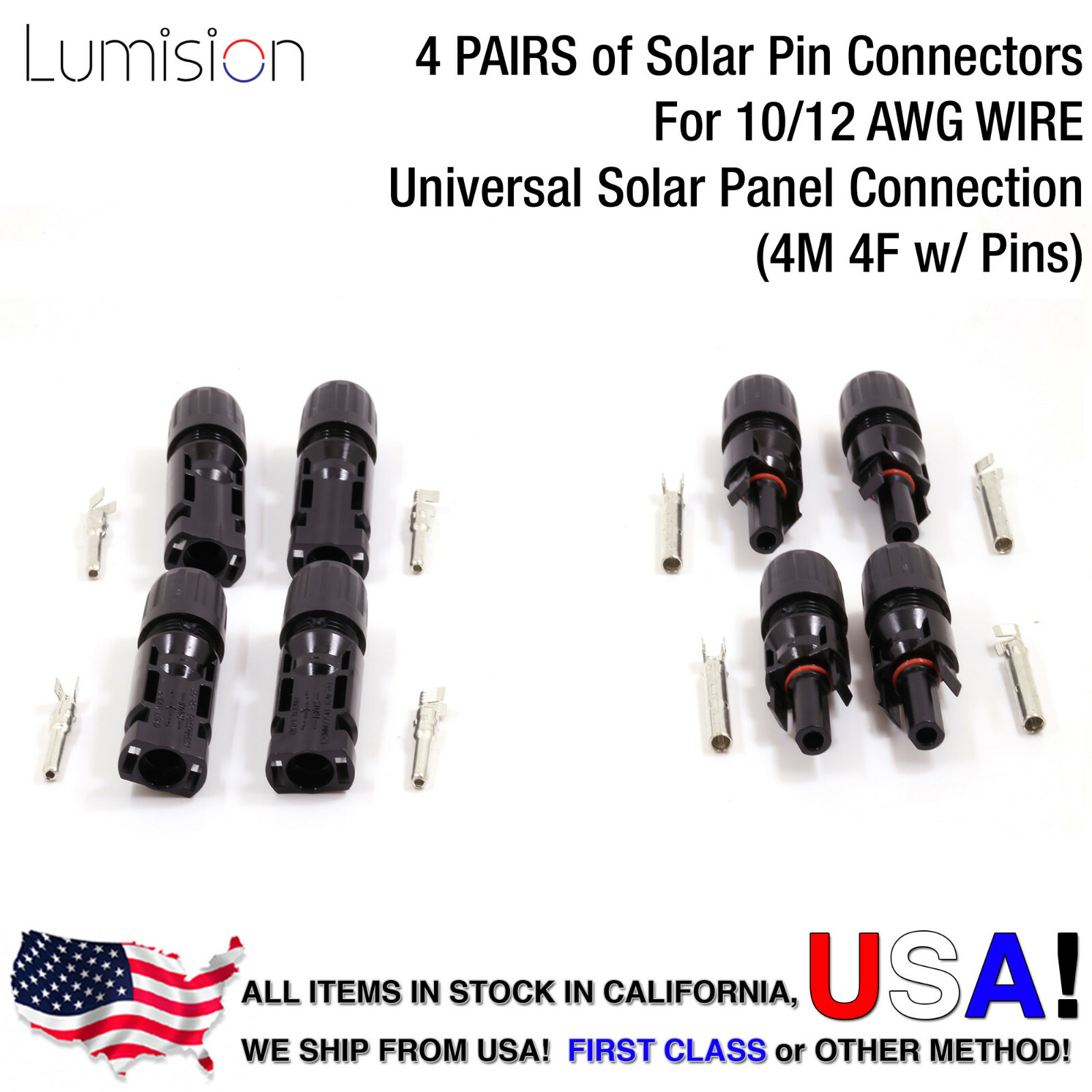 Lumision Waterproof PV 10/12 AWG Solar Connector 4 Pair (M/F w/ Pins) Ships USA