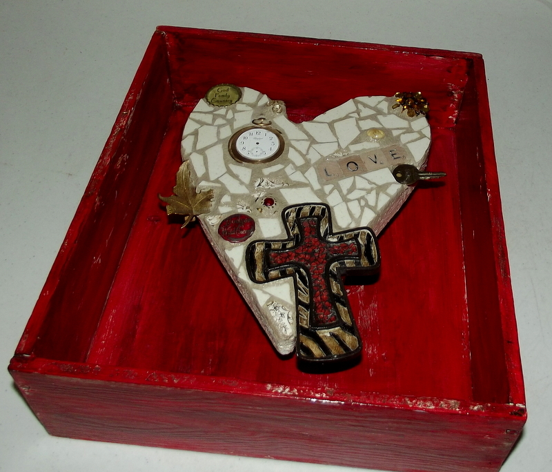 Red and Tan Heart assemblage with cross - mosaic sculpture