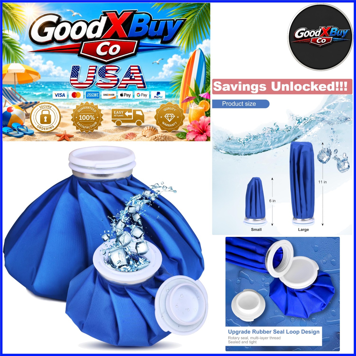 No-Leak Reusable Ice Bags Cold & Hot Therapy Pain Relief 6in + 11in Blue