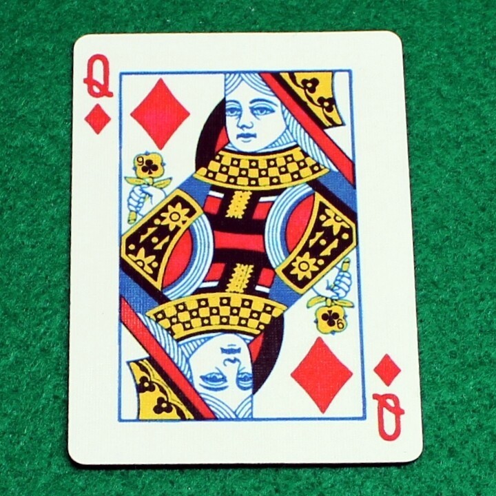Queen of Diamonds reveals 9 of Clubs flower, Bicycle Printed Gaff Card, Red