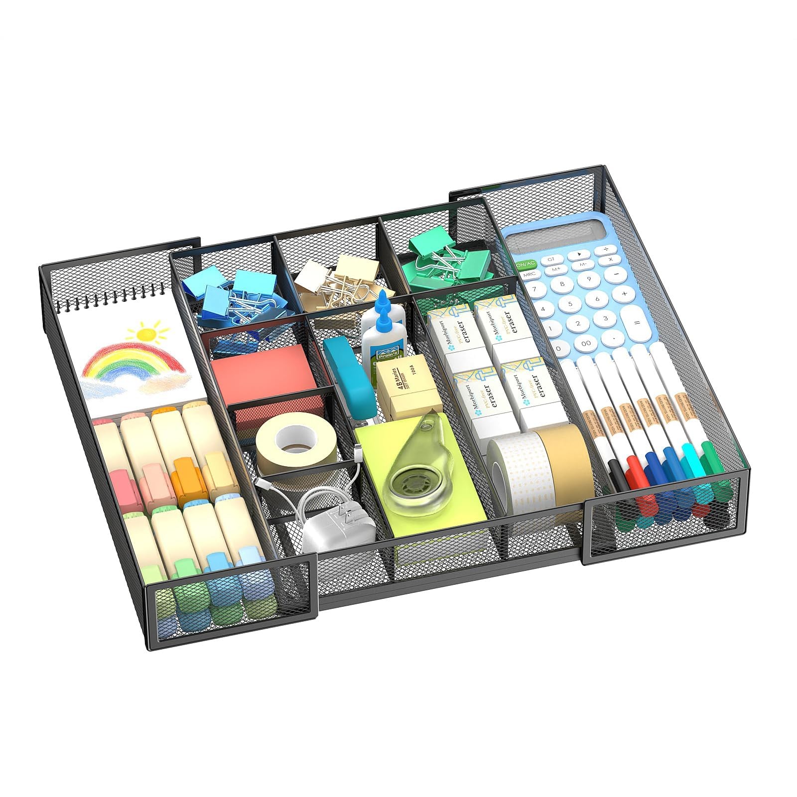 Expandable Desk Drawer Organizer Tray with 10 Adjustable Compartments, Metal ...