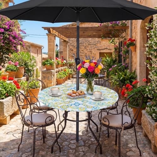 Fitted Round Outdoor Tablecloth, Polyester SpillProof Table 52" (Round) Floral