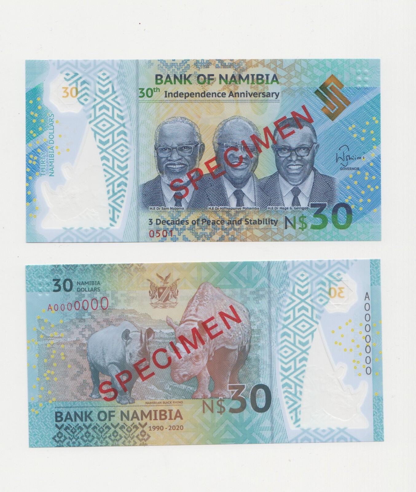 SPECIMEN: Namibia N$30 Banknote Polymer Commemorative PNEW (2020) UNC 30yrs Inde