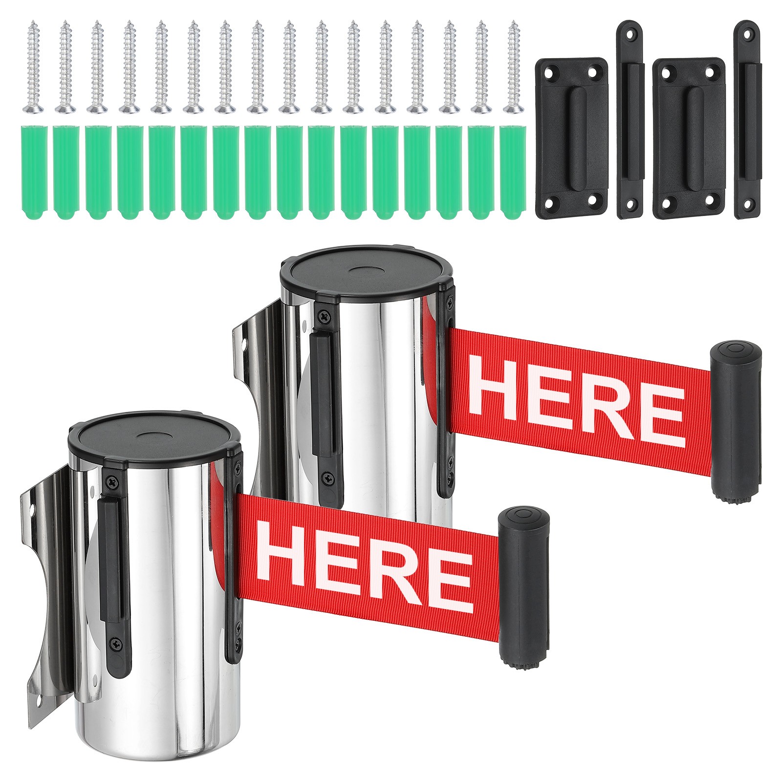 2Pcs 16.4 Feet Fixed Wall Mount Retractable Belt Barrier with Caution,Silver/Red