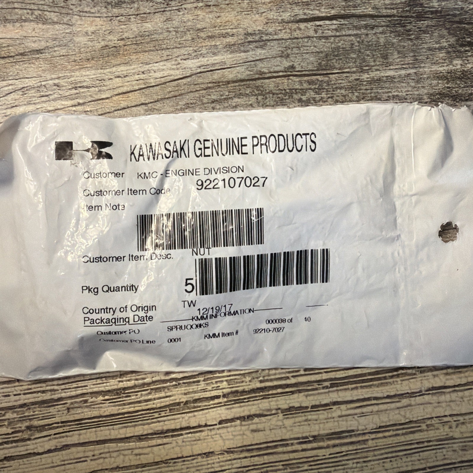 Pack of (5) 92210-7027 Kawasaki Genuine OEM Nut