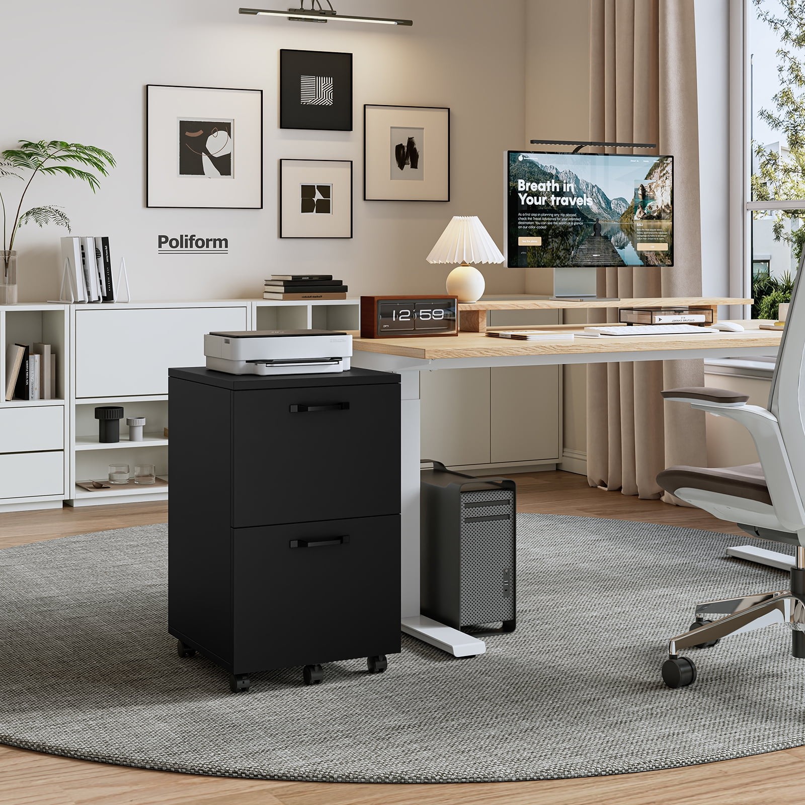Gianna 2-Drawer Rolling File Cabinet with Lockable Wheels, Printer Stand