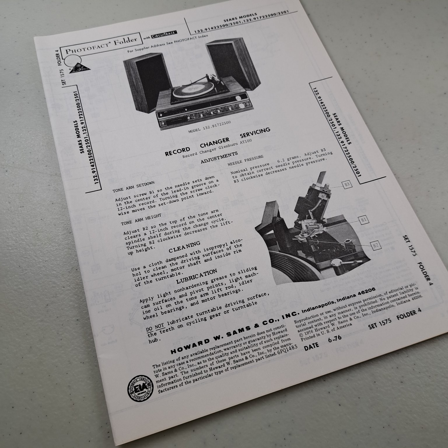 Sears Manual 132.91722500 Record Changer Servicing 1976 Illustrated Photofact