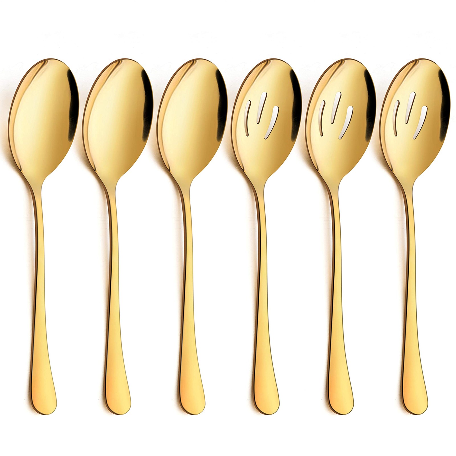 Gold Serving Spoons Set Large Slotted Stainless Steel Utensils 9.8 Inch 6 Pcs