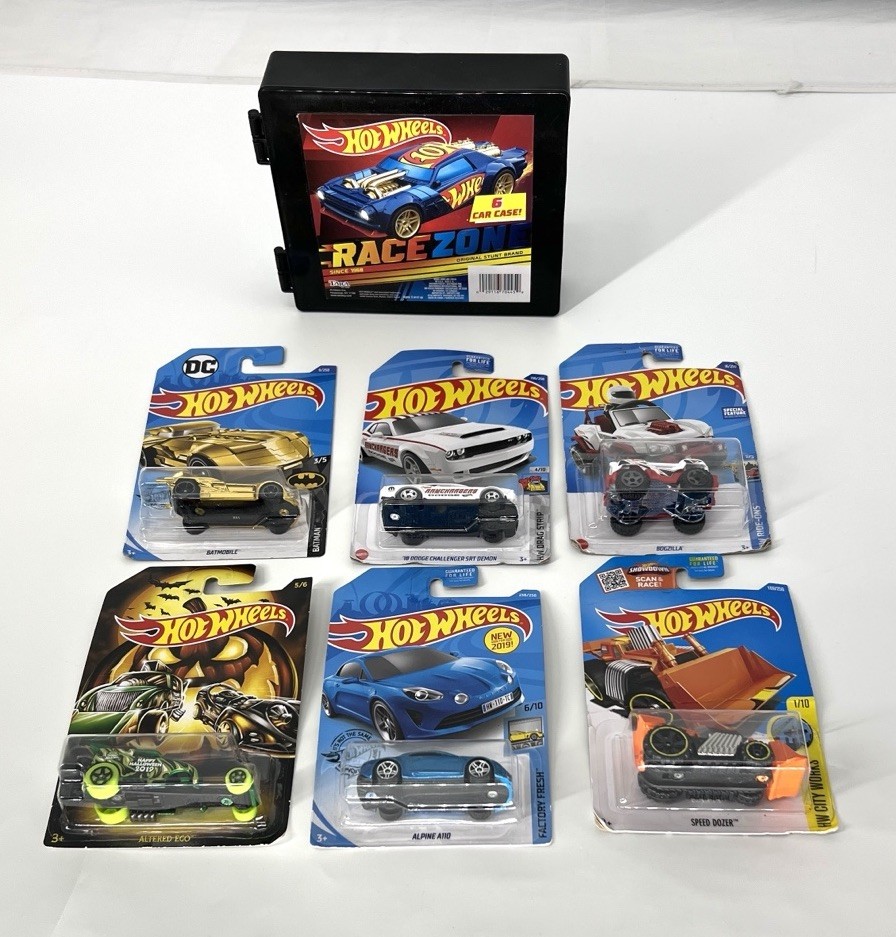Hot wheels lot of 6 cars And Plastic 6 Car Storage Tote Toys Accessories