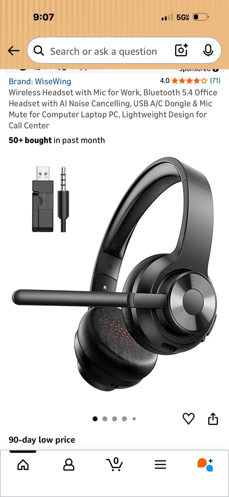 WiseWing Wireless Bluetooth 5.4 Headset w/ Mic Noise Cancelling USB Dongle NIB