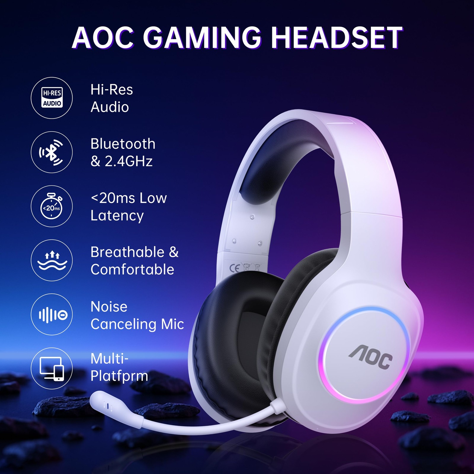 AOC Wireless Gaming Headset Compatible with ps5/4, PC, USB-C & White
