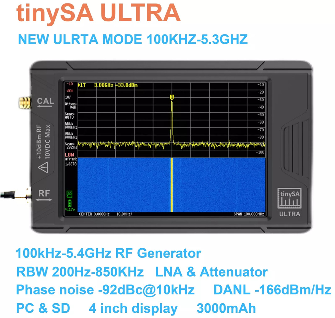 DT TinySA Ultra Spectrum Analyzer, 4.0 Inches 100kHz to 5.3GHz Handheld 32GB