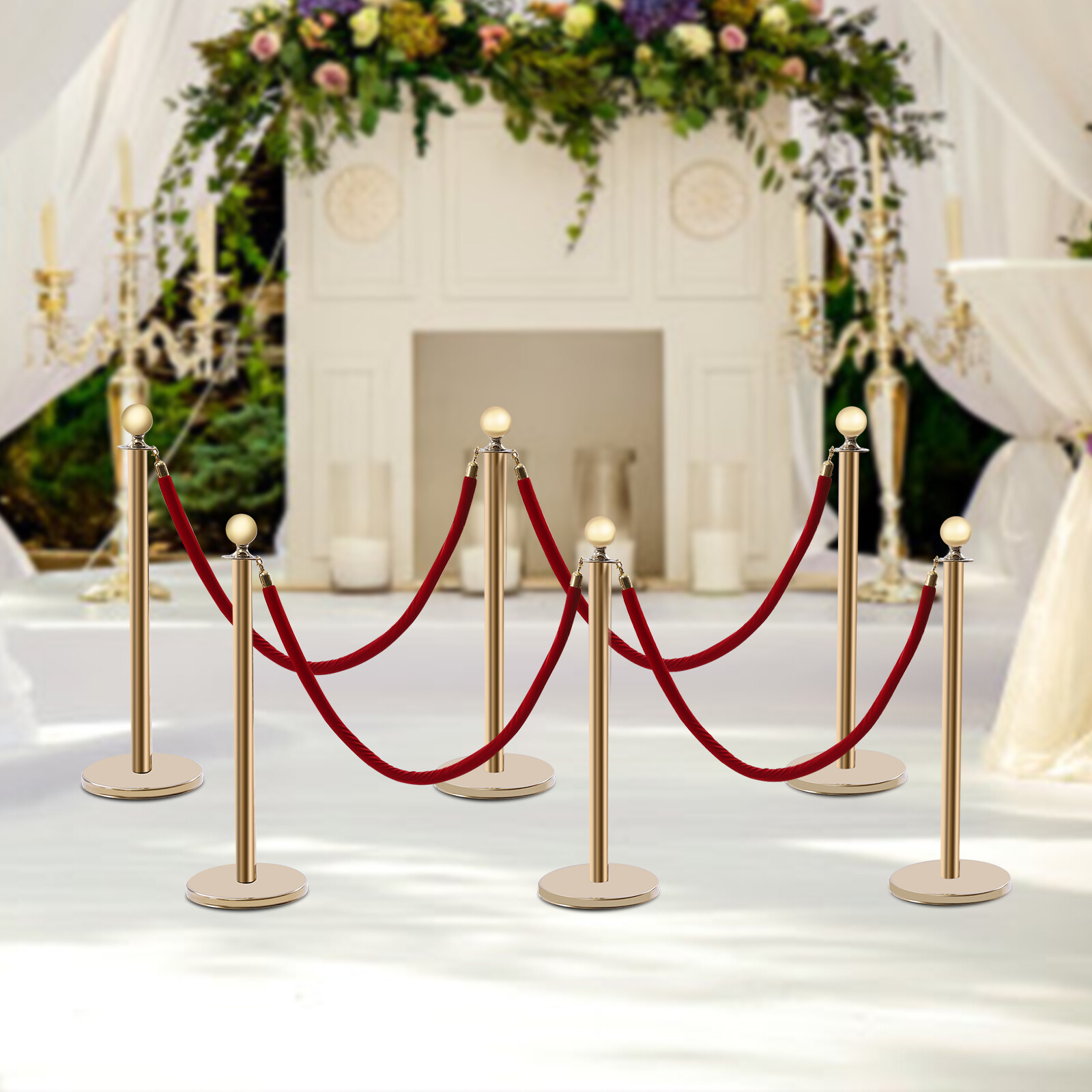 Golden Stanchion Posts with 4 Velvet Ropes Crowd Control Queue Pole Barrier 6Pcs