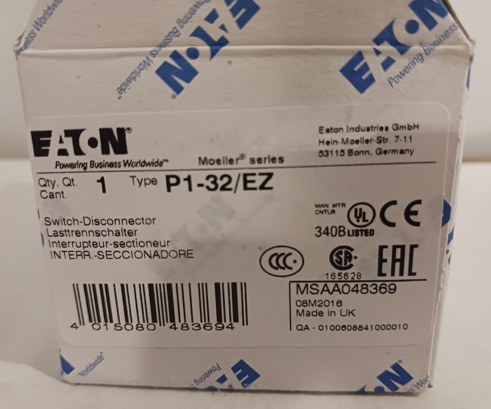 Eaton P1-32/EZ Switch Disconnector 32A 3P P1  (Lot of 2). NEW. Free Shipping