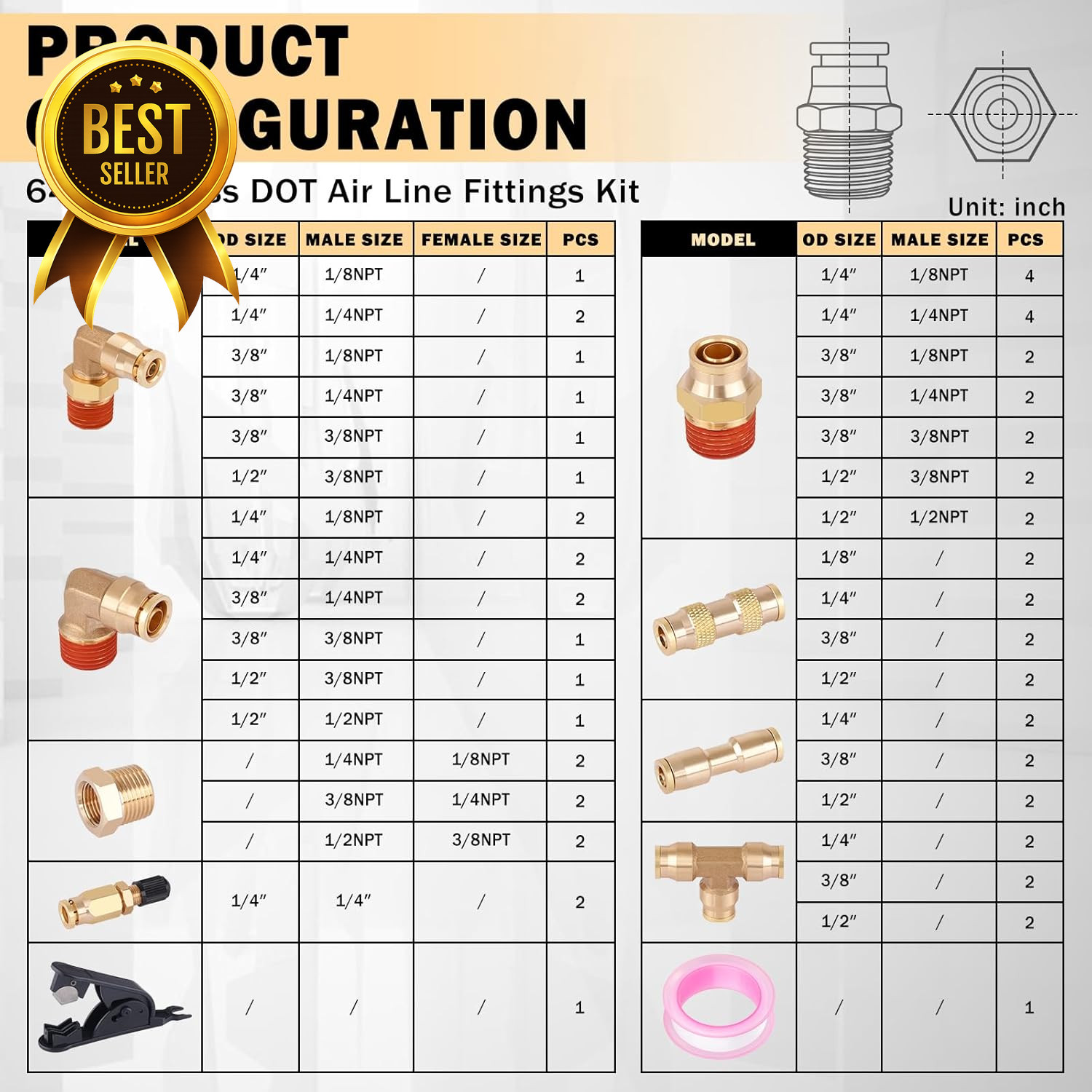 64-Piece Brass DOT Air Line Fittings Kit Push Lock Quick Connect NPT Pneumatic H
