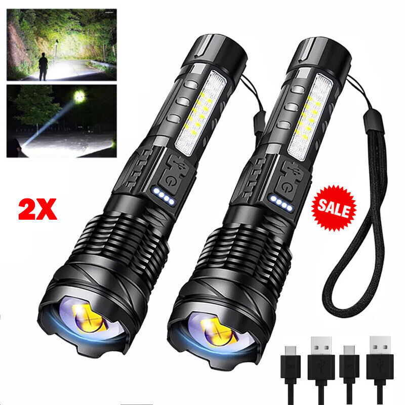 2PCS Brighter 9900000LM Zoomable Rechargeable Torch Handheld Tactical Flashlight